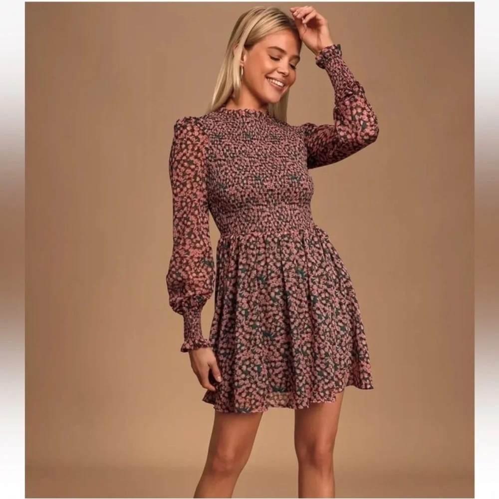 Lulu's Floral Forever Green and Pink Smocked Skater Dress